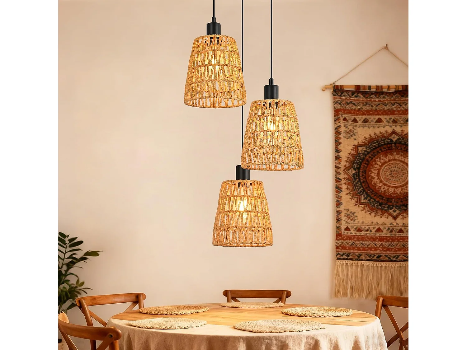Nettlife Boho Rotan Hanglamp met 3 Lampen - Vintage Gevlochten Hennep Touw Kroonluchter E27 - Keuken/Eetkamer Verlichting (Lampen Niet Inbegrepen)