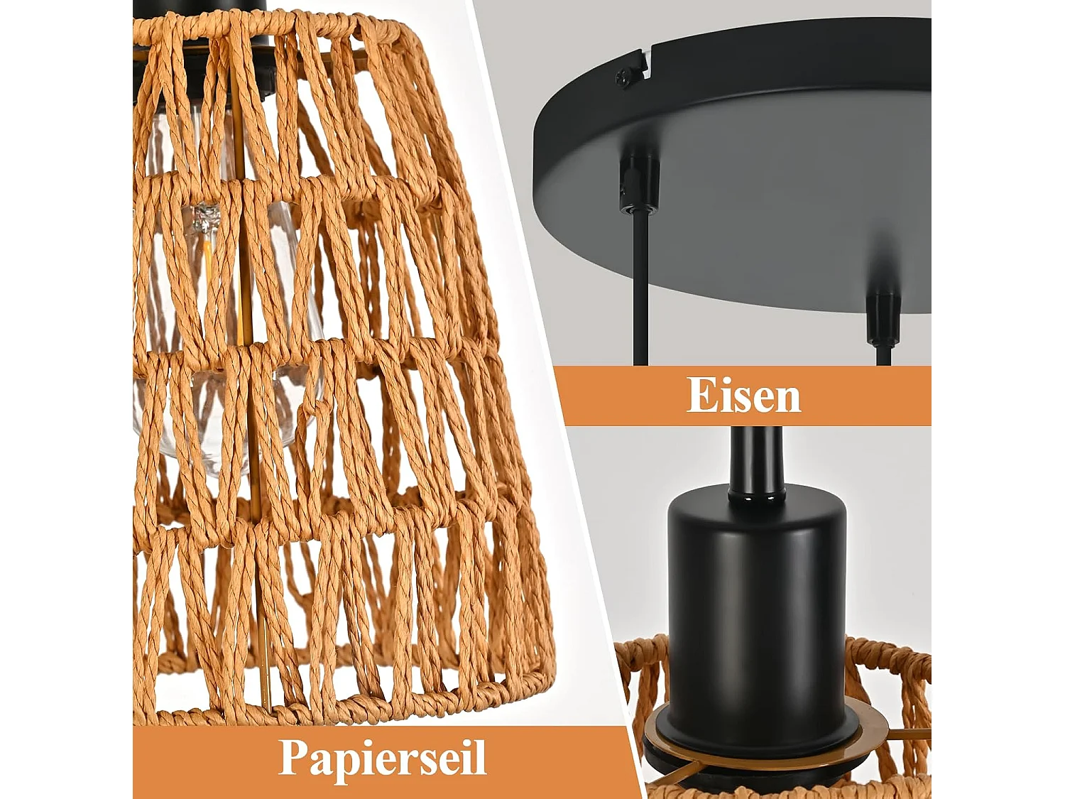 Nettlife Boho Rotan Hanglamp met 3 Lampen - Vintage Gevlochten Hennep Touw Kroonluchter E27 - Keuken/Eetkamer Verlichting (Lampen Niet Inbegrepen)