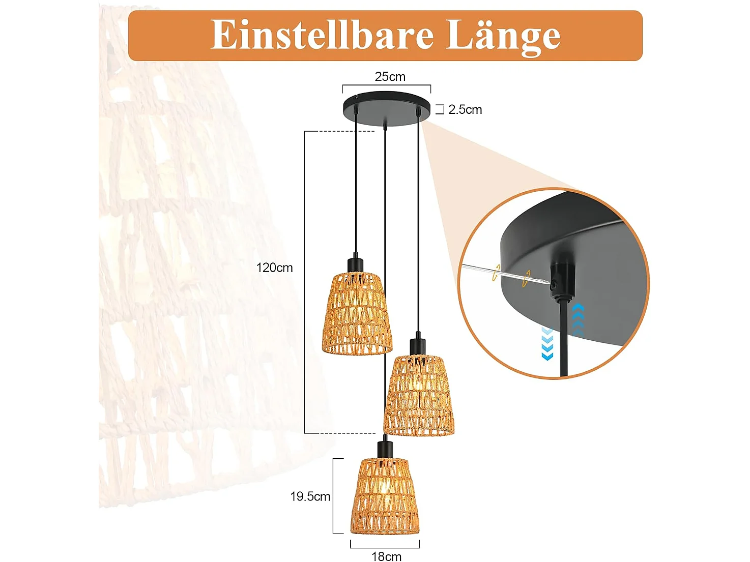 Nettlife Boho Rotan Hanglamp met 3 Lampen - Vintage Gevlochten Hennep Touw Kroonluchter E27 - Keuken/Eetkamer Verlichting (Lampen Niet Inbegrepen)