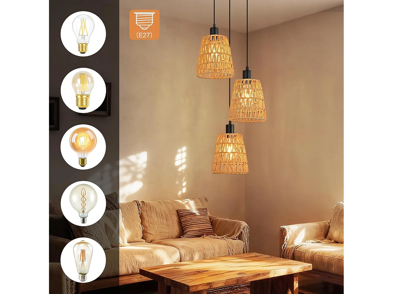 Nettlife Boho Rotan Hanglamp met 3 Lampen - Vintage Gevlochten Hennep Touw Kroonluchter E27 - Keuken/Eetkamer Verlichting (Lampen Niet Inbegrepen)