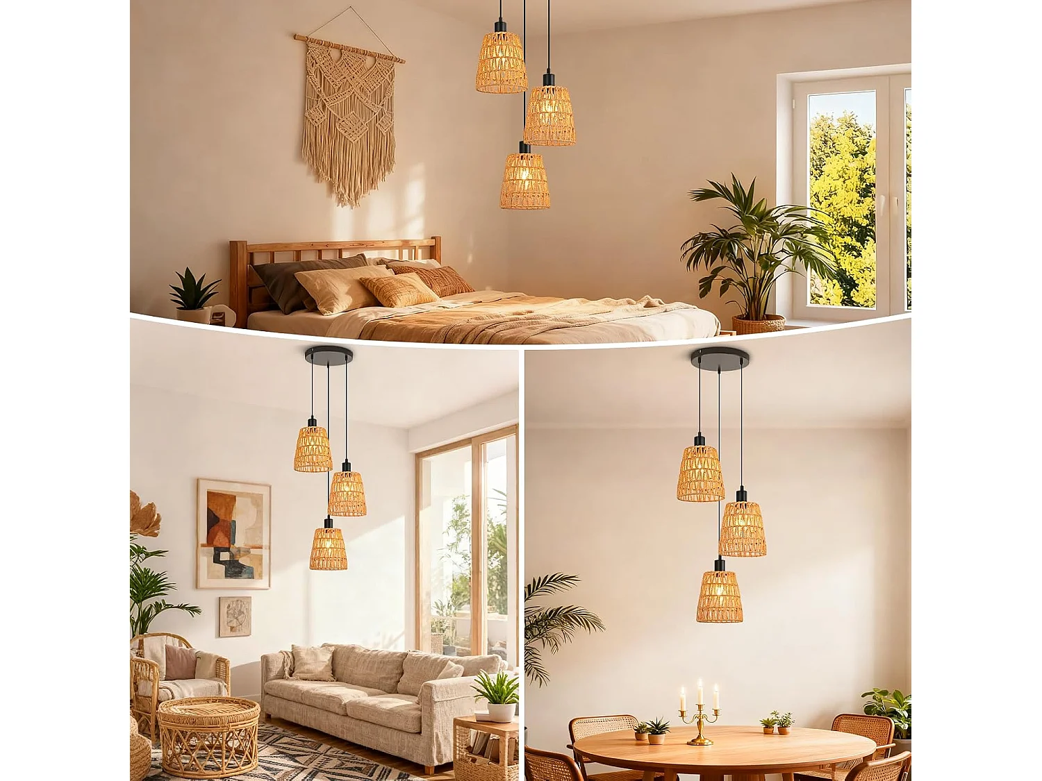 Nettlife Boho Rotan Hanglamp met 3 Lampen - Vintage Gevlochten Hennep Touw Kroonluchter E27 - Keuken/Eetkamer Verlichting (Lampen Niet Inbegrepen)