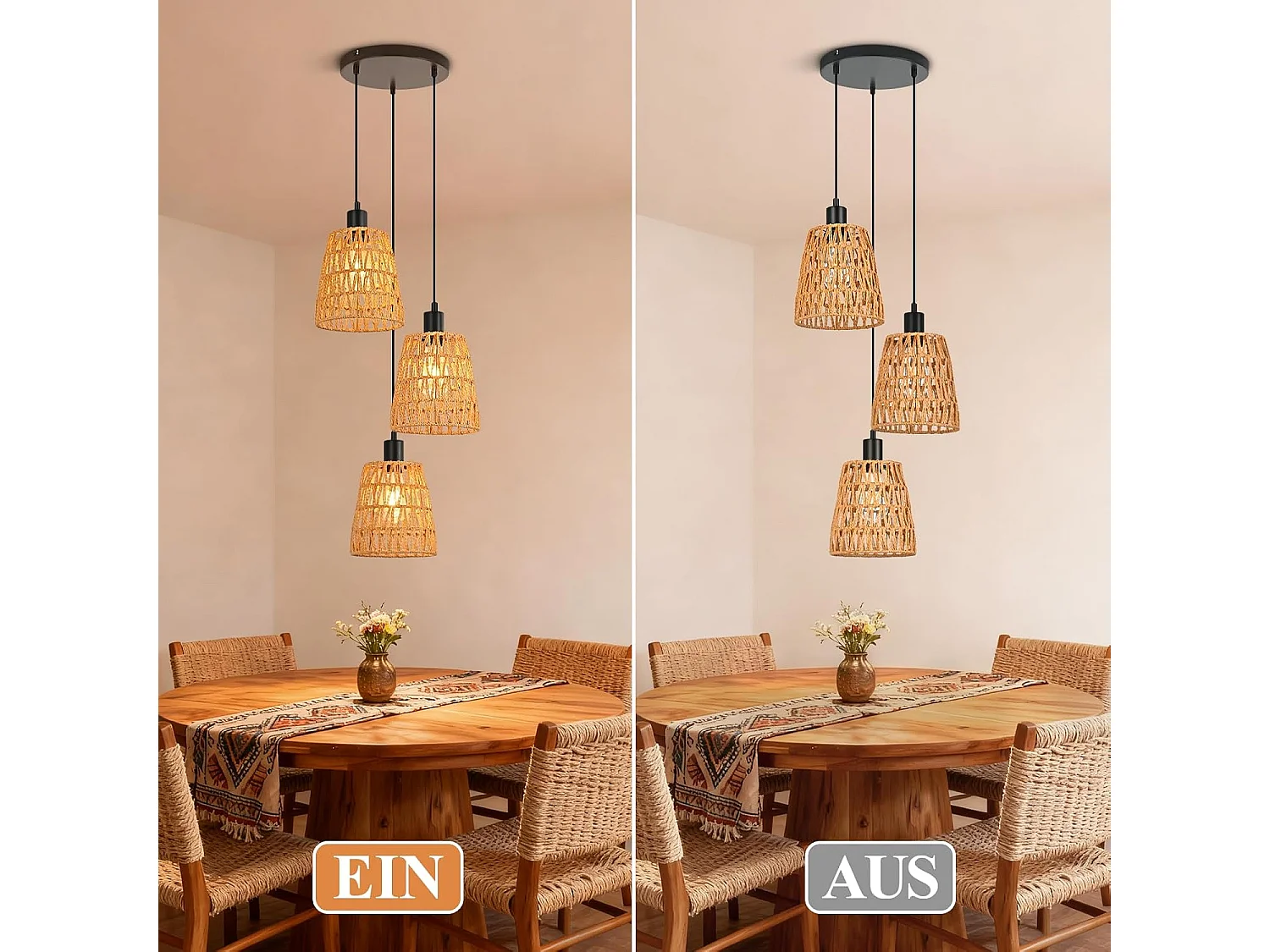 Nettlife Boho Rotan Hanglamp met 3 Lampen - Vintage Gevlochten Hennep Touw Kroonluchter E27 - Keuken/Eetkamer Verlichting (Lampen Niet Inbegrepen)