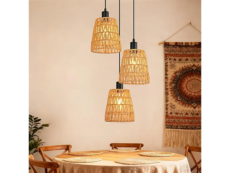 Nettlife Boho Rotan Hanglamp met 3 Lampen - Vintage Gevlochten Hennep Touw Kroonluchter E27 - Keuken/Eetkamer Verlichting (Lampen Niet Inbegrepen)