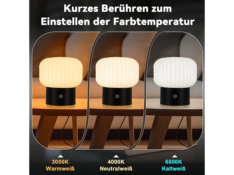NETTLIFE lampe de table LED sans fil – lampe de chevet tactile rechargeable USB, blanche, dimmable, IP44 étanche, verre rond