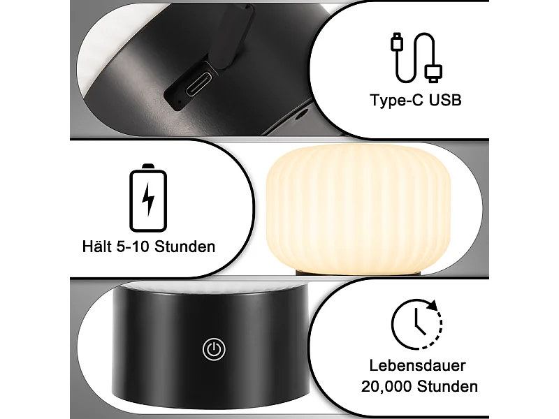 NETTLIFE lampe de table LED sans fil – lampe de chevet tactile rechargeable USB, blanche, dimmable, IP44 étanche, verre rond