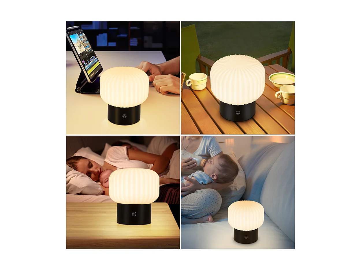 NETTLIFE lampe de table LED sans fil – lampe de chevet tactile rechargeable USB, blanche, dimmable, IP44 étanche, verre rond