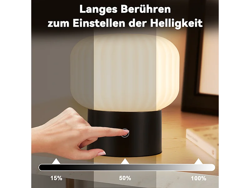 NETTLIFE lampe de table LED sans fil – lampe de chevet tactile rechargeable USB, blanche, dimmable, IP44 étanche, verre rond
