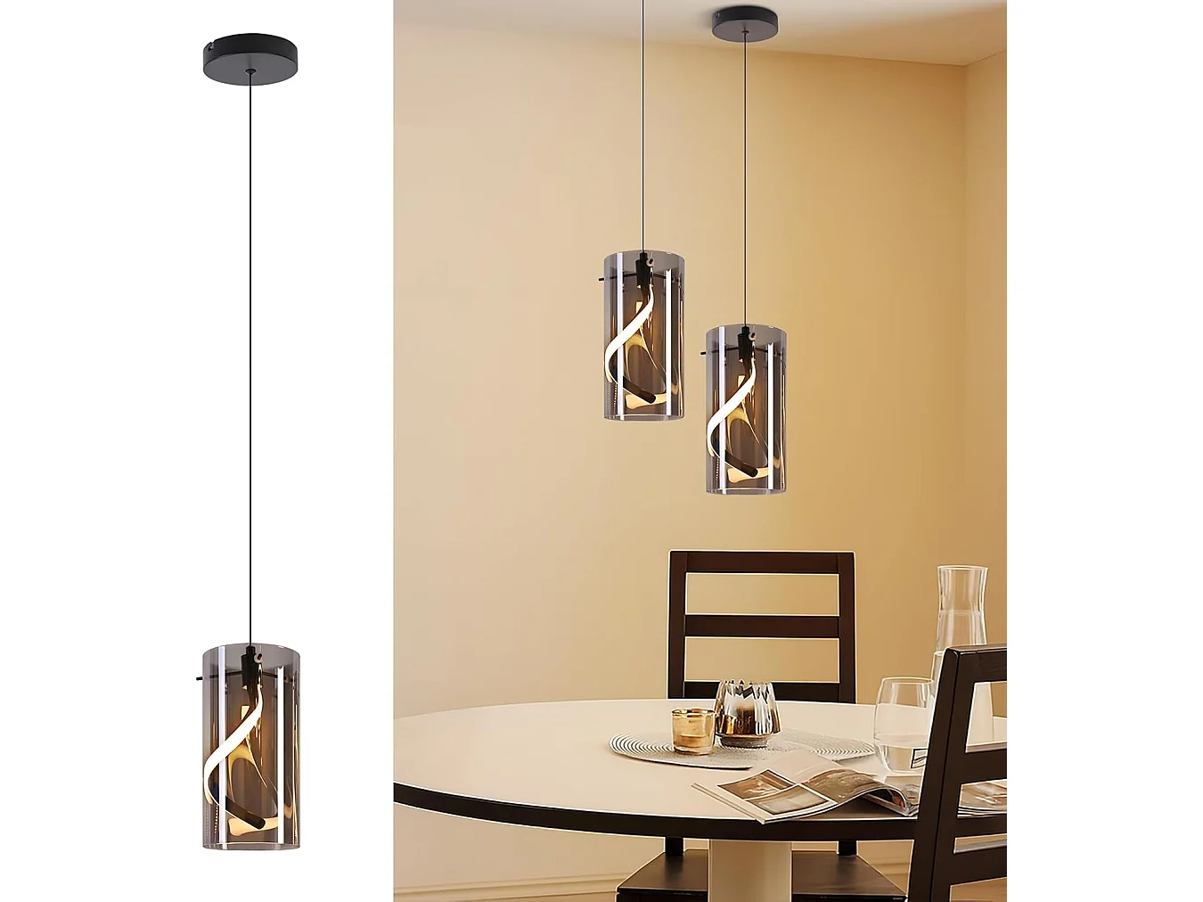 Nettlife Suspension LED vintage pour table à manger - Suspension en verre 1 lumière 8W style rétro, gris fumé, lumière blanc chaud 3000K