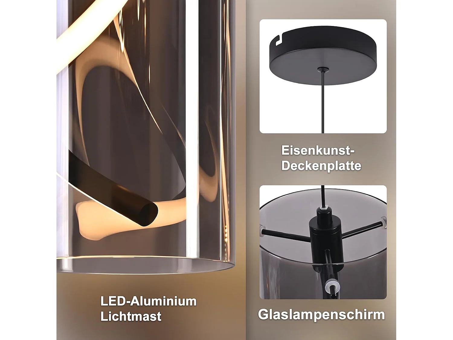 Nettlife Suspension LED vintage pour table à manger - Suspension en verre 1 lumière 8W style rétro, gris fumé, lumière blanc chaud 3000K