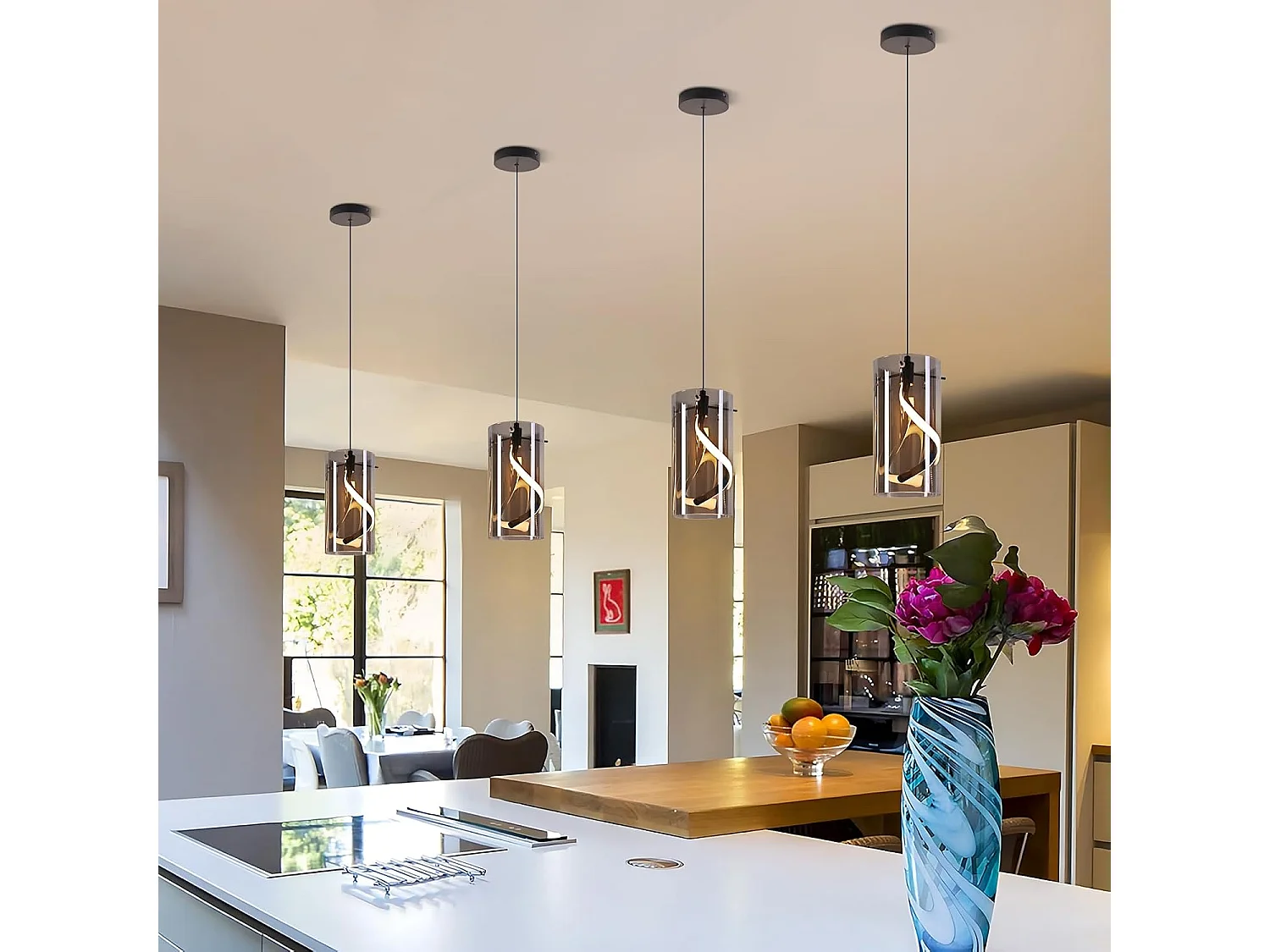 Nettlife Suspension LED vintage pour table à manger - Suspension en verre 1 lumière 8W style rétro, gris fumé, lumière blanc chaud 3000K