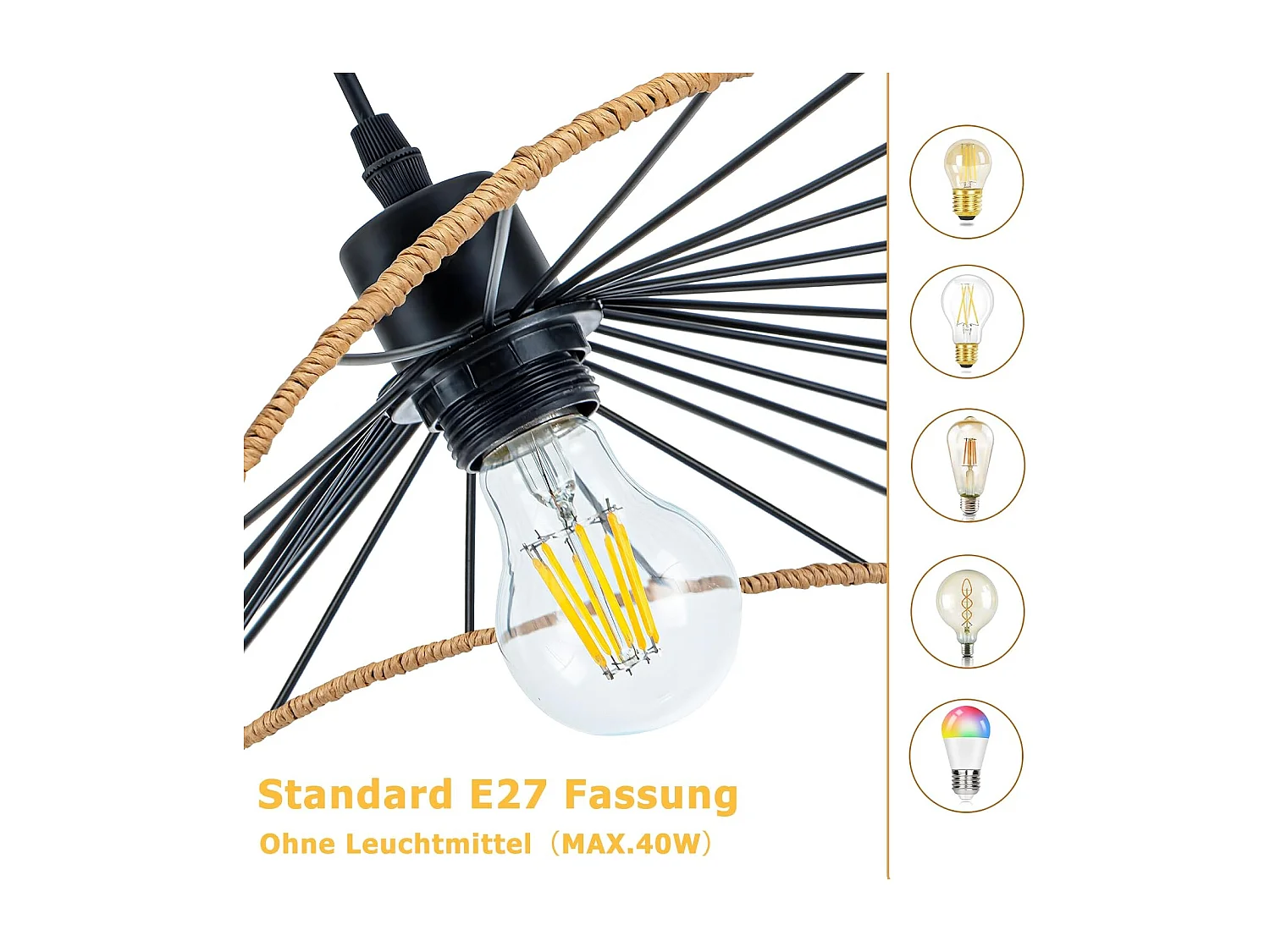 Lampa wisząca Nettlife Boho Black Ø 50 cm – metalowy żyrandol w stylu vintage E27 – lampa do salonu, kuchni i jadalni (żarówka nie jest dołączona)