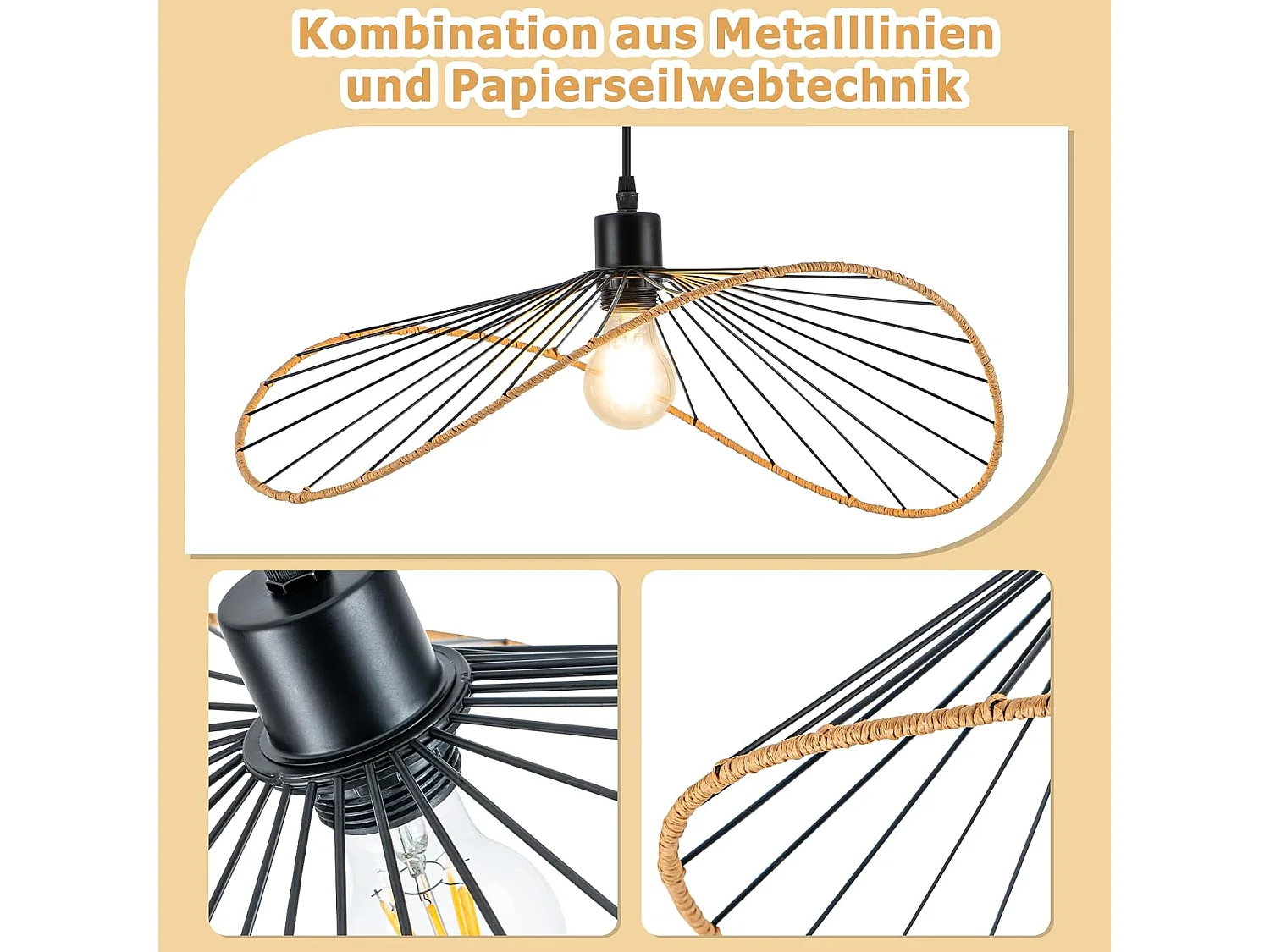 Lampa wisząca Nettlife Boho Black Ø 50 cm – metalowy żyrandol w stylu vintage E27 – lampa do salonu, kuchni i jadalni (żarówka nie jest dołączona)