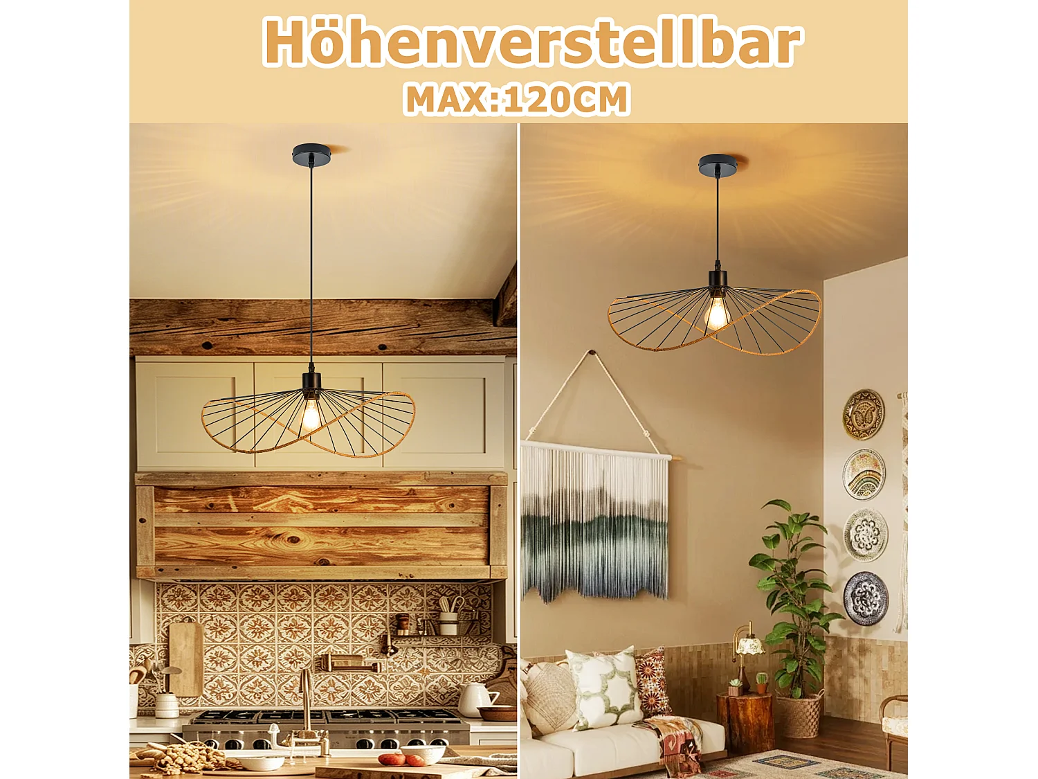 Lampa wisząca Nettlife Boho Black Ø 50 cm – metalowy żyrandol w stylu vintage E27 – lampa do salonu, kuchni i jadalni (żarówka nie jest dołączona)