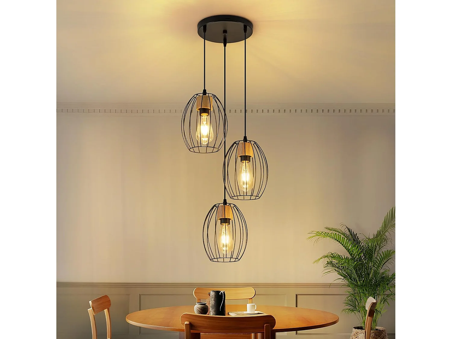 Lampa wisząca Nettlife Vintage z 3 żarówkami – żyrandol industrialny, czarny metal i drewno, gniazdo E27 – kuchnia, jadalnia, salon (żarówki nie są dołączone)