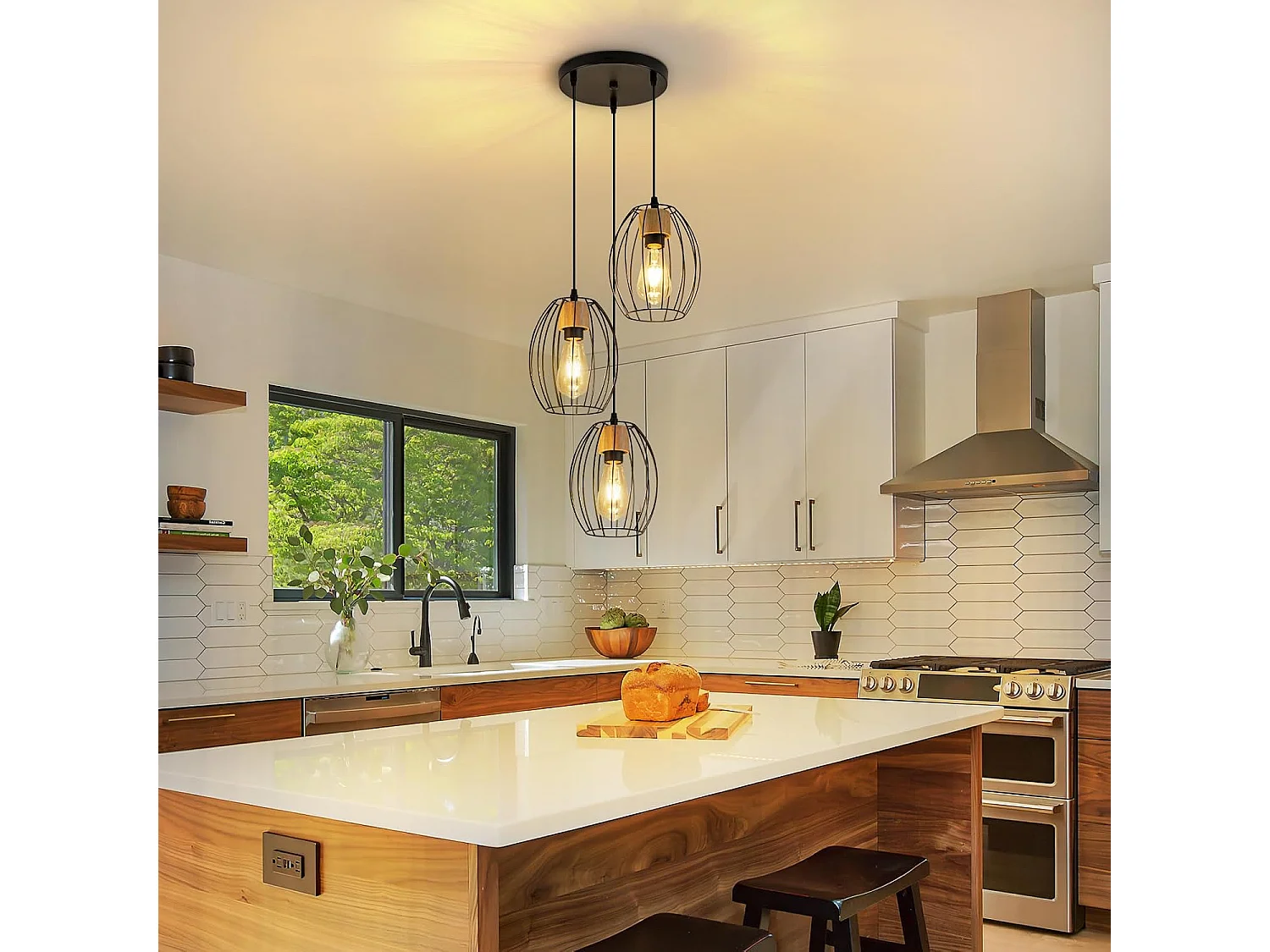 Lampa wisząca Nettlife Vintage z 3 żarówkami – żyrandol industrialny, czarny metal i drewno, gniazdo E27 – kuchnia, jadalnia, salon (żarówki nie są dołączone)