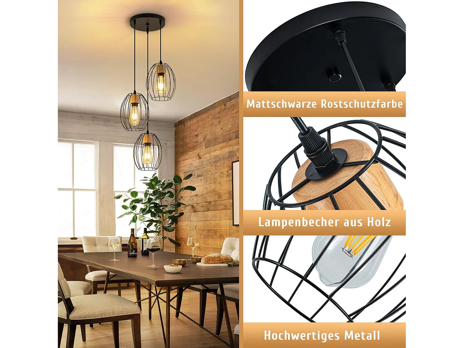 Lampa wisząca Nettlife Vintage z 3 żarówkami – żyrandol industrialny, czarny metal i drewno, gniazdo E27 – kuchnia, jadalnia, salon (żarówki nie są dołączone)