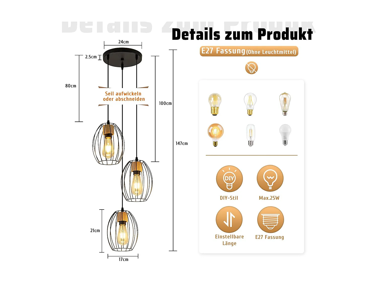 Lampa wisząca Nettlife Vintage z 3 żarówkami – żyrandol industrialny, czarny metal i drewno, gniazdo E27 – kuchnia, jadalnia, salon (żarówki nie są dołączone)
