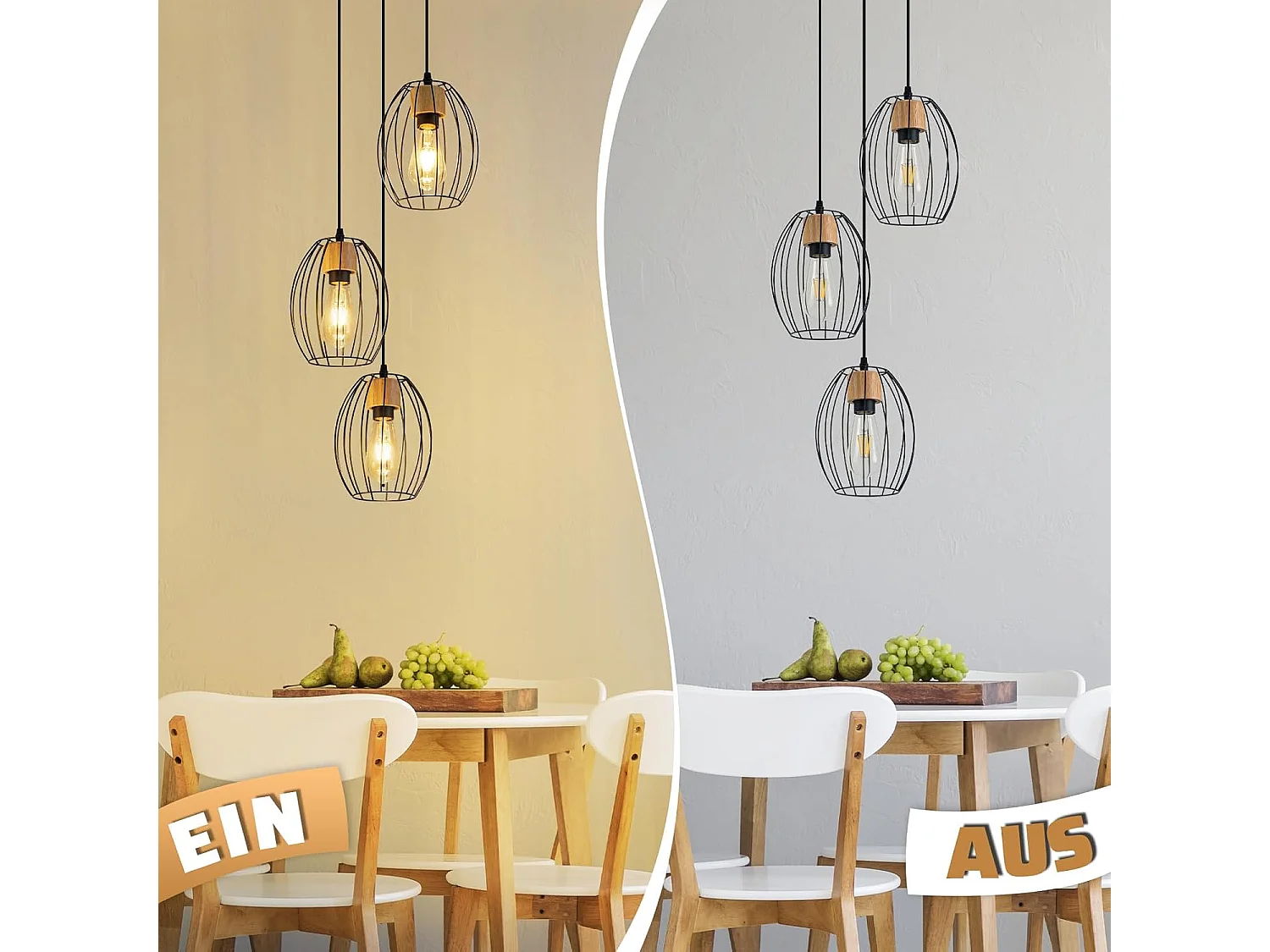 Lampa wisząca Nettlife Vintage z 3 żarówkami – żyrandol industrialny, czarny metal i drewno, gniazdo E27 – kuchnia, jadalnia, salon (żarówki nie są dołączone)