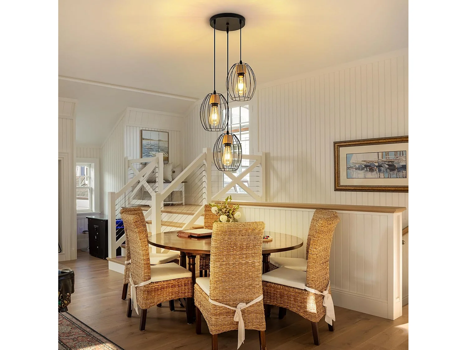 Lampa wisząca Nettlife Vintage z 3 żarówkami – żyrandol industrialny, czarny metal i drewno, gniazdo E27 – kuchnia, jadalnia, salon (żarówki nie są dołączone)