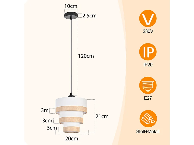 Suspension vintage Nettlife pour table à manger - Lampe suspendue en tissu à 1 lumière, style rétro, E27, hauteur réglable (ampoule non incluse)