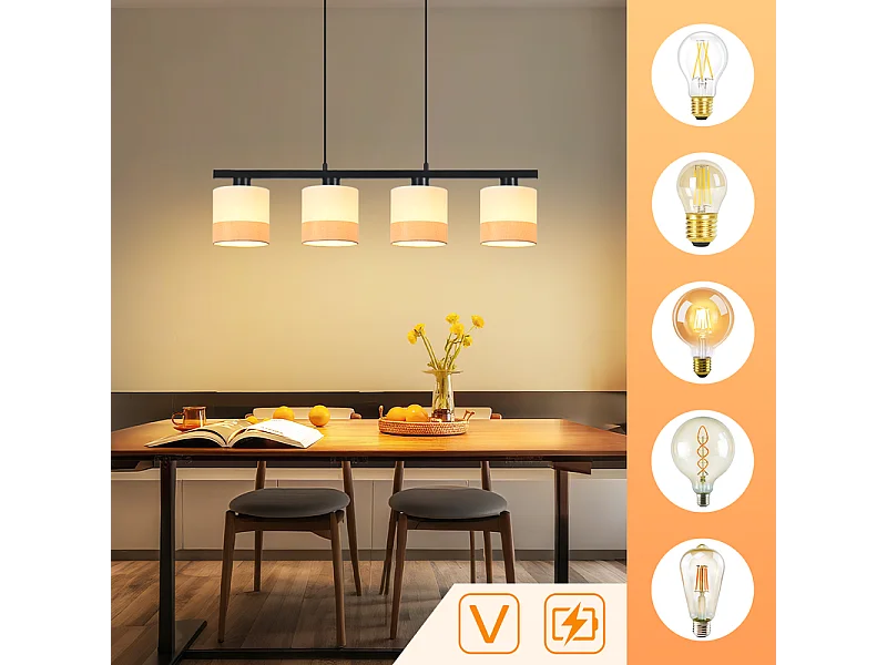 Lampa wisząca Nettlife Vintage Dining Table – 4-punktowy żyrandol materiałowy E27, regulowane oświetlenie retro do salonu i kuchni (żarówki nie są dołączone)