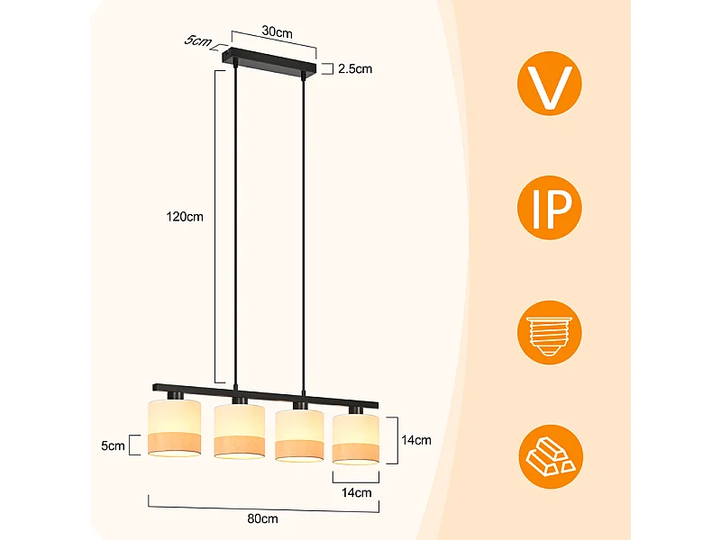 Lampa wisząca Nettlife Vintage Dining Table – 4-punktowy żyrandol materiałowy E27, regulowane oświetlenie retro do salonu i kuchni (żarówki nie są dołączone)