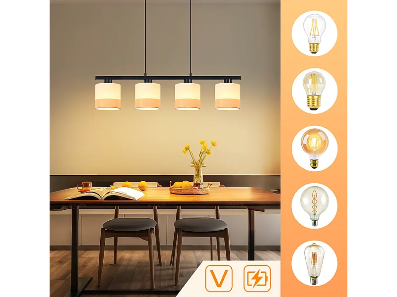 Nettlife Vintage Esstisch-Pendelleuchte - 4-flammiger Stoff-Kronleuchter E27, verstellbare Retro-Beleuchtung für Wohnzimmer und Küche (Leuchtmittel nicht enthalten)