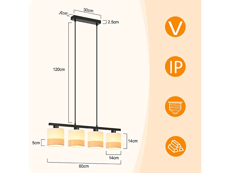 Nettlife Vintage Esstisch-Pendelleuchte - 4-flammiger Stoff-Kronleuchter E27, verstellbare Retro-Beleuchtung für Wohnzimmer und Küche (Leuchtmittel nicht enthalten)