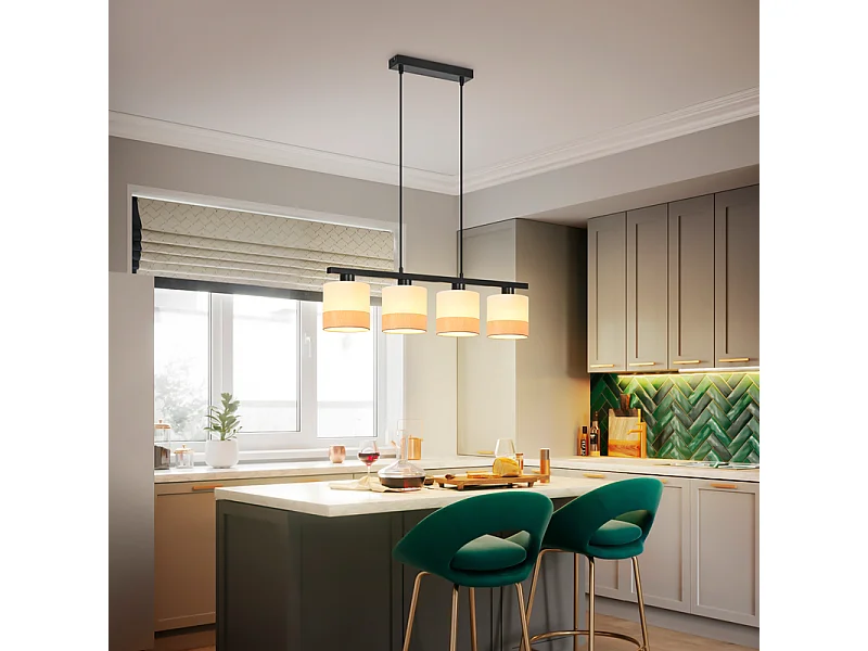 Nettlife Vintage Esstisch-Pendelleuchte - 4-flammiger Stoff-Kronleuchter E27, verstellbare Retro-Beleuchtung für Wohnzimmer und Küche (Leuchtmittel nicht enthalten)