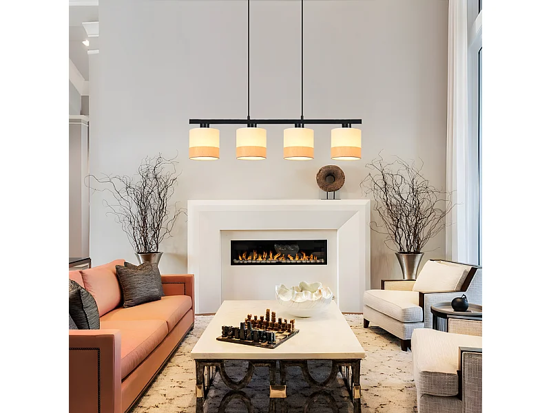 Nettlife Vintage Esstisch-Pendelleuchte - 4-flammiger Stoff-Kronleuchter E27, verstellbare Retro-Beleuchtung für Wohnzimmer und Küche (Leuchtmittel nicht enthalten)