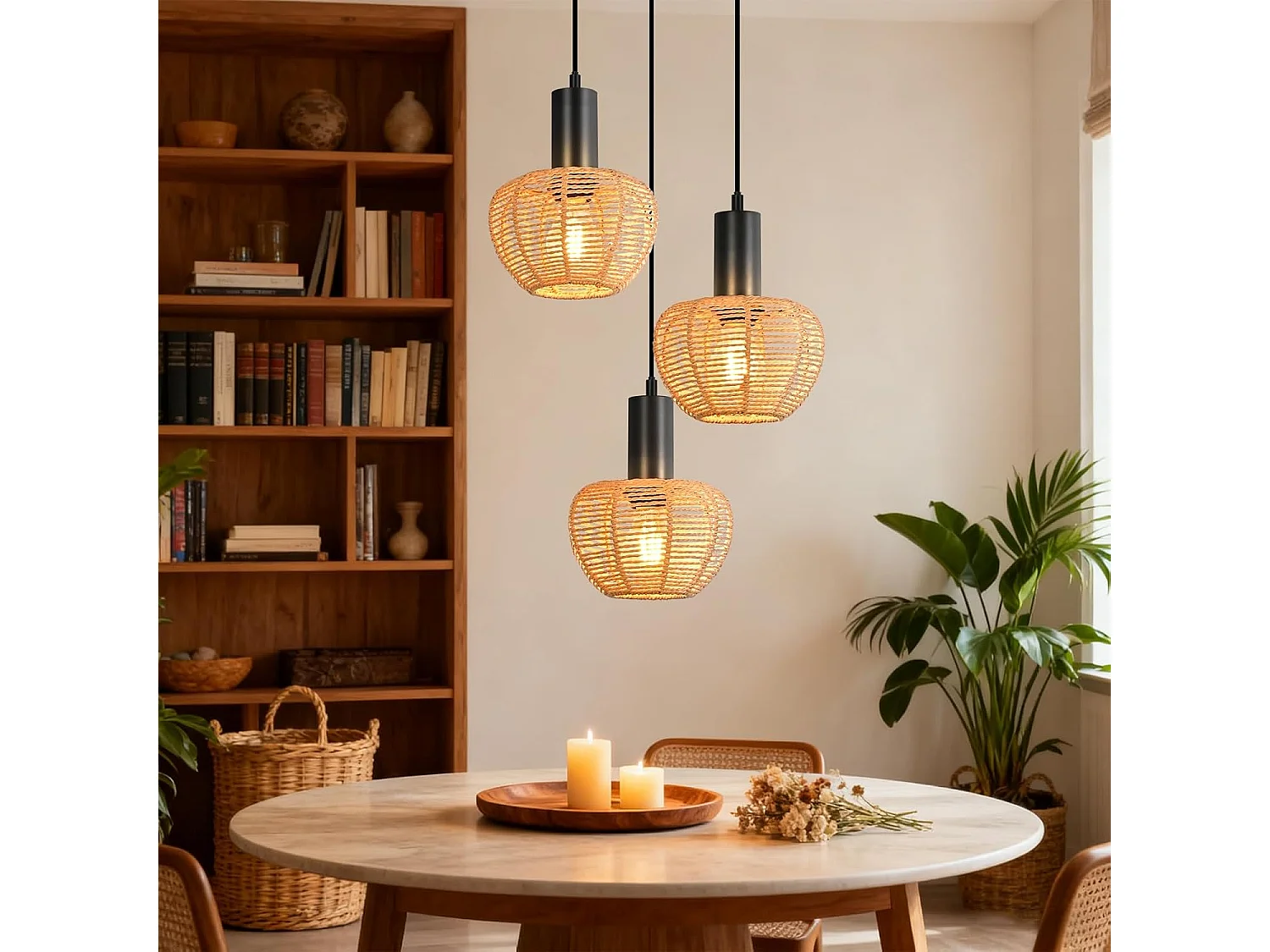 Nettlife Boho Rotan Hanglamp met 3 Lampen - Vintage Gevlochten Hennep Touw Kroonluchter E27 - Keuken/Eetkamer Verlichting (Lampen Niet Inbegrepen)