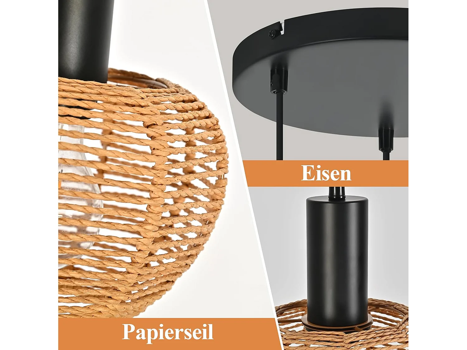 Nettlife Boho Rotan Hanglamp met 3 Lampen - Vintage Gevlochten Hennep Touw Kroonluchter E27 - Keuken/Eetkamer Verlichting (Lampen Niet Inbegrepen)