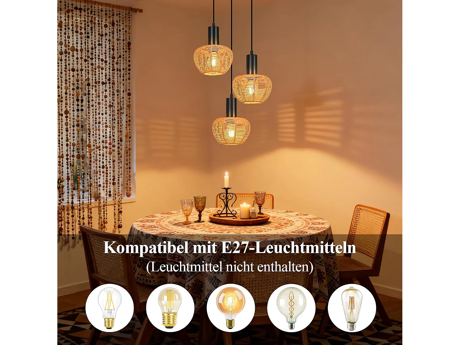 Nettlife Boho Rotan Hanglamp met 3 Lampen - Vintage Gevlochten Hennep Touw Kroonluchter E27 - Keuken/Eetkamer Verlichting (Lampen Niet Inbegrepen)