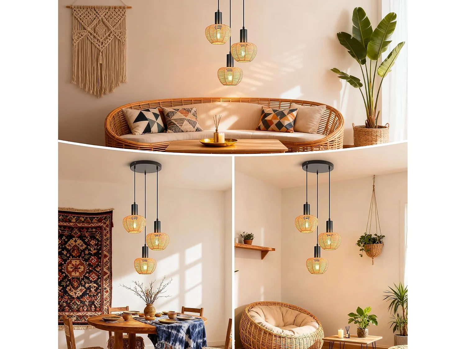Nettlife Boho Rotan Hanglamp met 3 Lampen - Vintage Gevlochten Hennep Touw Kroonluchter E27 - Keuken/Eetkamer Verlichting (Lampen Niet Inbegrepen)