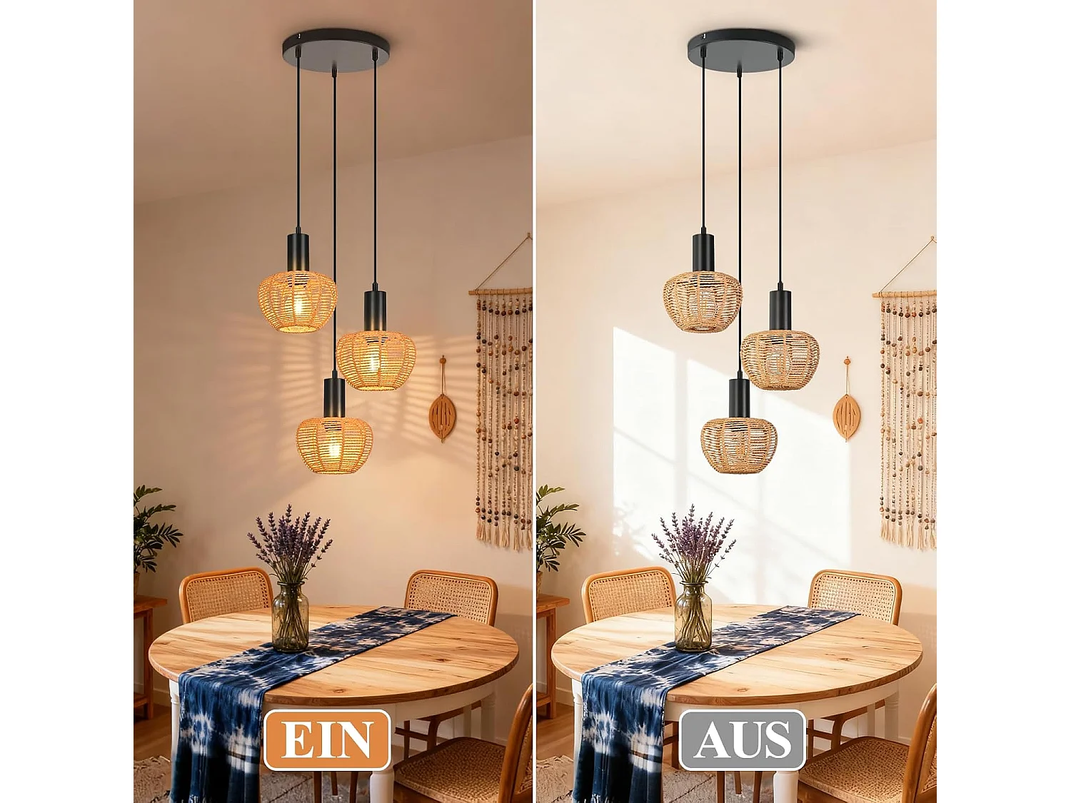 Nettlife Boho Rotan Hanglamp met 3 Lampen - Vintage Gevlochten Hennep Touw Kroonluchter E27 - Keuken/Eetkamer Verlichting (Lampen Niet Inbegrepen)