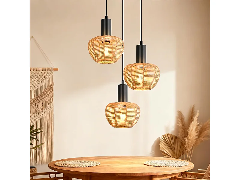 Nettlife Boho Rotan Hanglamp met 3 Lampen - Vintage Gevlochten Hennep Touw Kroonluchter E27 - Keuken/Eetkamer Verlichting (Lampen Niet Inbegrepen)