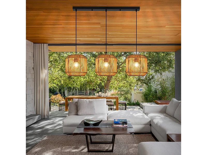 Lampa wisząca Nettlife Boho Rattan na stół jadalny – 3 żarówki E27, regulowana wysokość, styl retro, do salonu/sypialni (żarówki nie są dołączone)