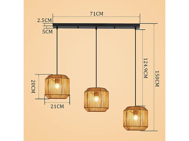 Lampa wisząca Nettlife Boho Rattan na stół jadalny – 3 żarówki E27, regulowana wysokość, styl retro, do salonu/sypialni (żarówki nie są dołączone)