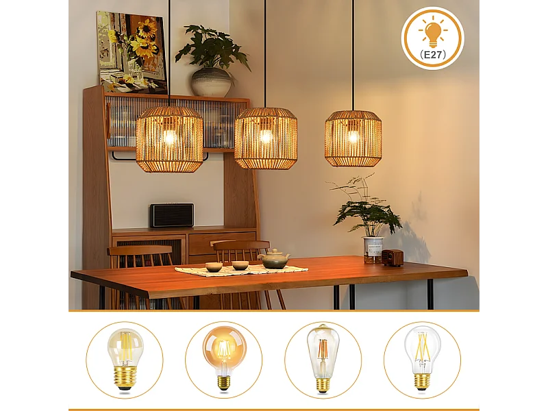 Lampa wisząca Nettlife Boho Rattan na stół jadalny – 3 żarówki E27, regulowana wysokość, styl retro, do salonu/sypialni (żarówki nie są dołączone)