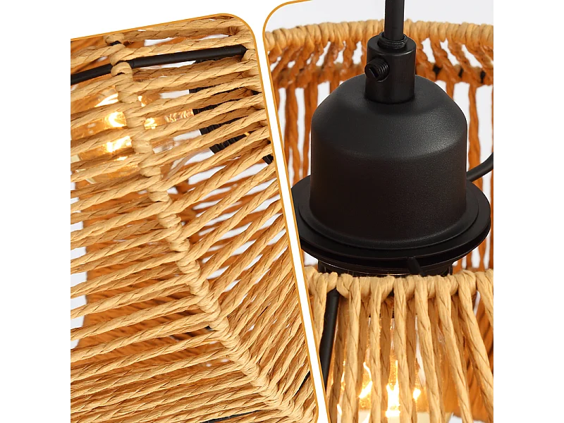 Lampa wisząca Nettlife Boho Rattan na stół jadalny – 3 żarówki E27, regulowana wysokość, styl retro, do salonu/sypialni (żarówki nie są dołączone)