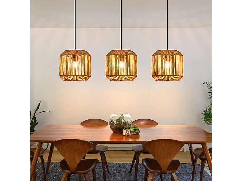 Nettlife Suspension Boho Rotin Table à Manger - Lampe 3 Lumières E27, Hauteur Réglable, Style Rétro, Salon Chambre (Sans Ampoule)