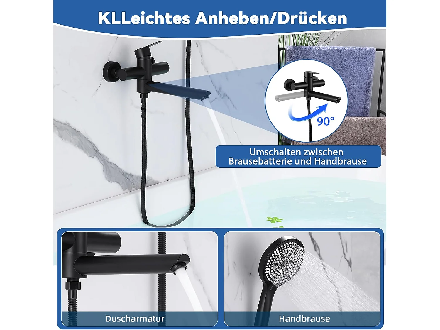 Bateria łazienkowa Nettlife Black z prysznicem ręcznym, stal nierdzewna, montowana na ścianie, jednouchwytowa, montaż natynkowy do łazienki