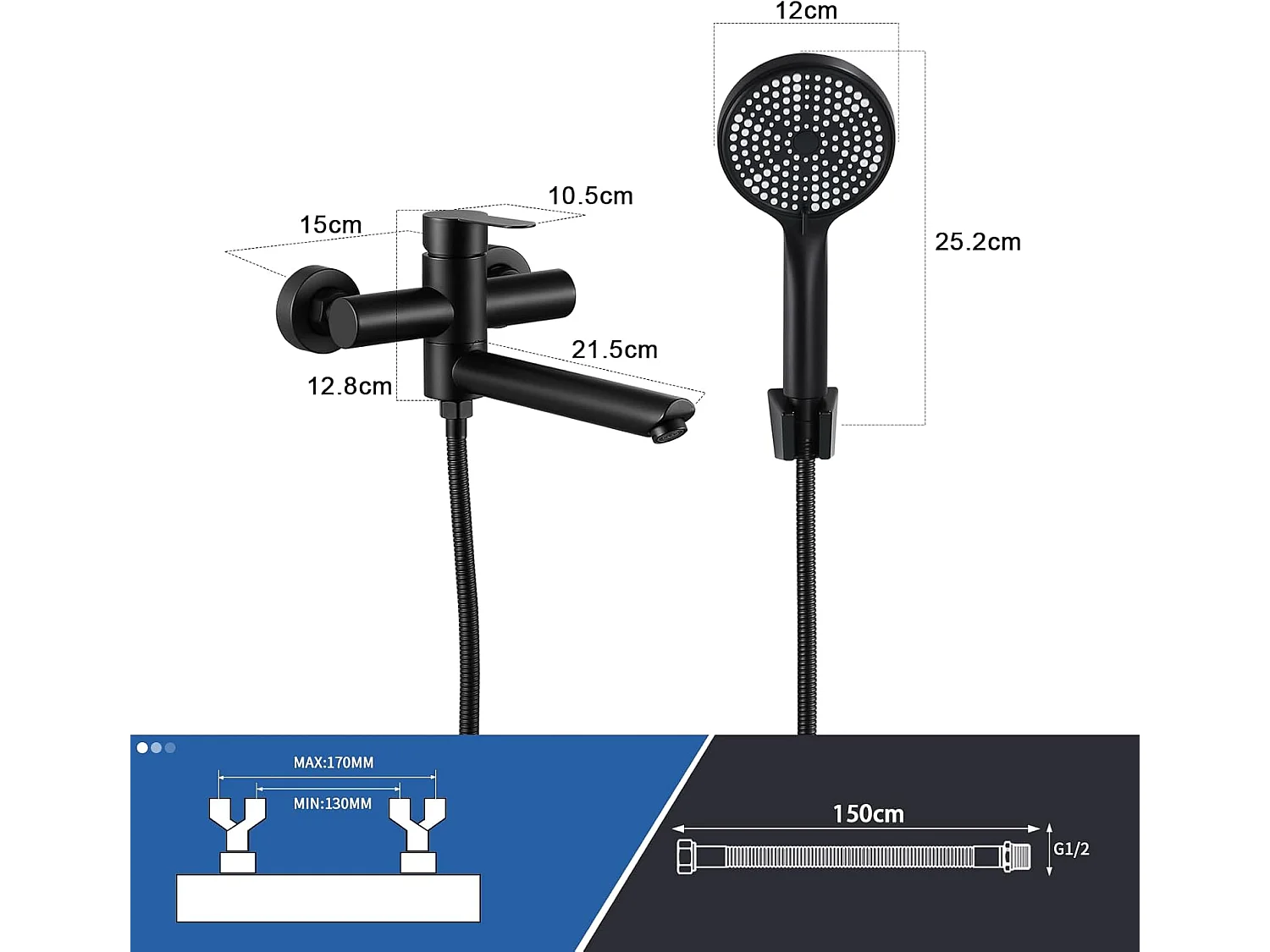 Bateria łazienkowa Nettlife Black z prysznicem ręcznym, stal nierdzewna, montowana na ścianie, jednouchwytowa, montaż natynkowy do łazienki