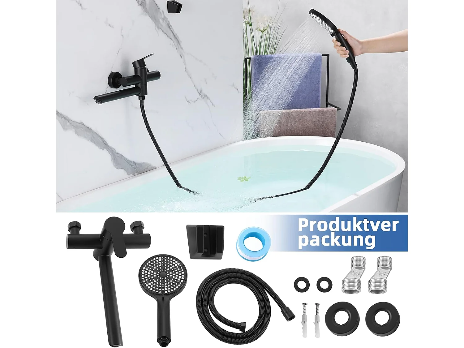 Bateria łazienkowa Nettlife Black z prysznicem ręcznym, stal nierdzewna, montowana na ścianie, jednouchwytowa, montaż natynkowy do łazienki