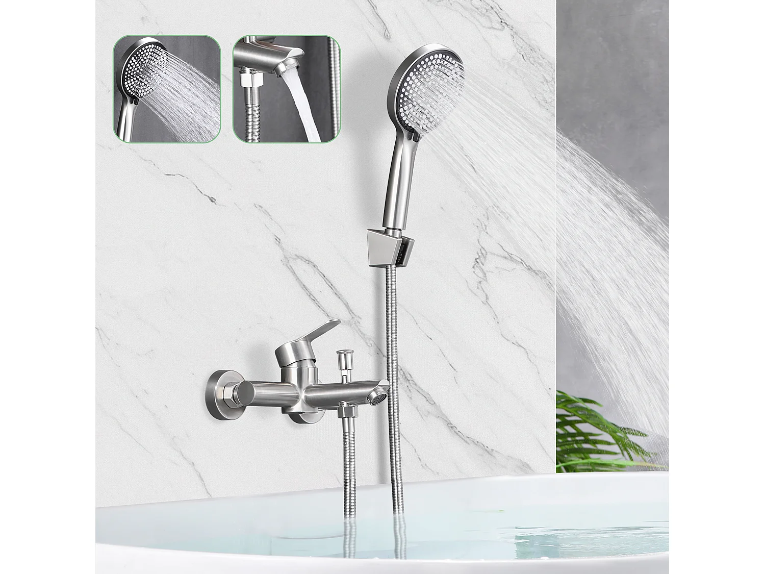 Nettlife Mitigeur de baignoire  avec douchette, robinet mural en acier inoxydable, monocommande, installation apparente pour salle de bain