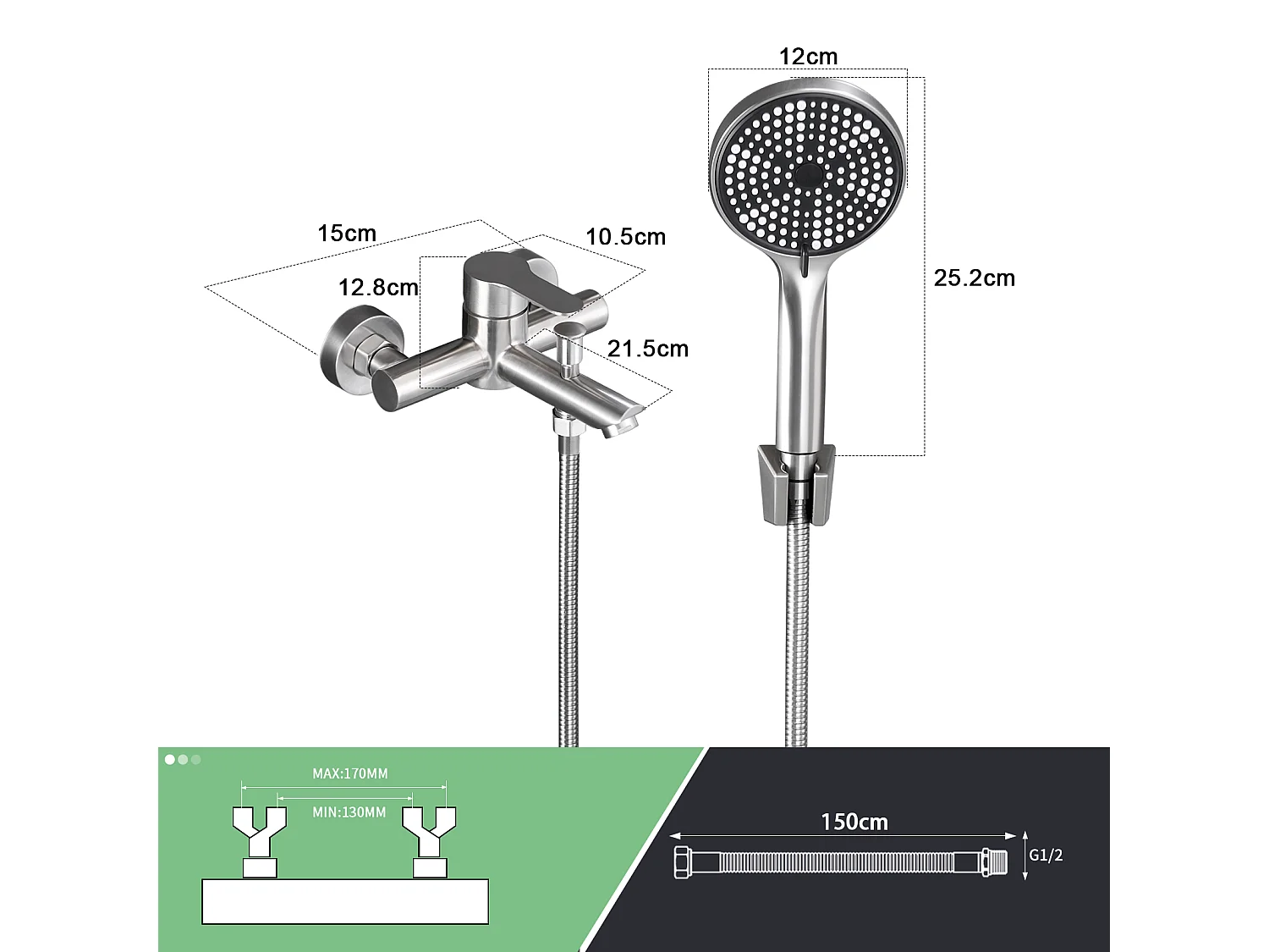 Nettlife Mitigeur de baignoire  avec douchette, robinet mural en acier inoxydable, monocommande, installation apparente pour salle de bain