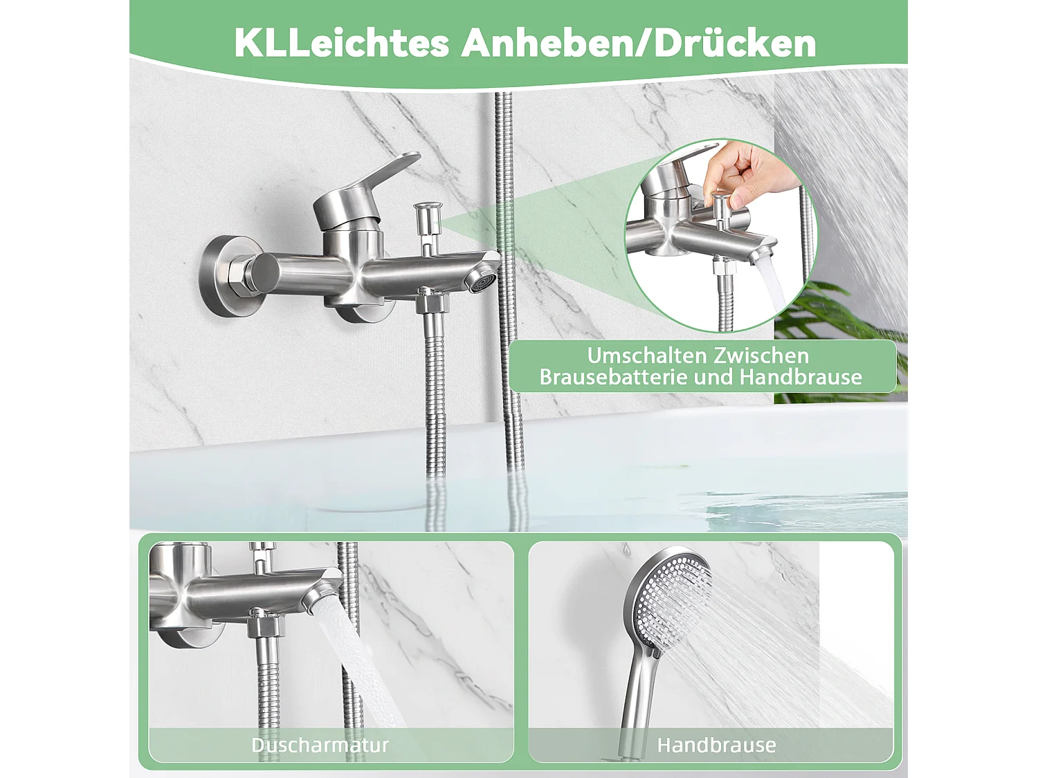 Nettlife Mitigeur de baignoire  avec douchette, robinet mural en acier inoxydable, monocommande, installation apparente pour salle de bain