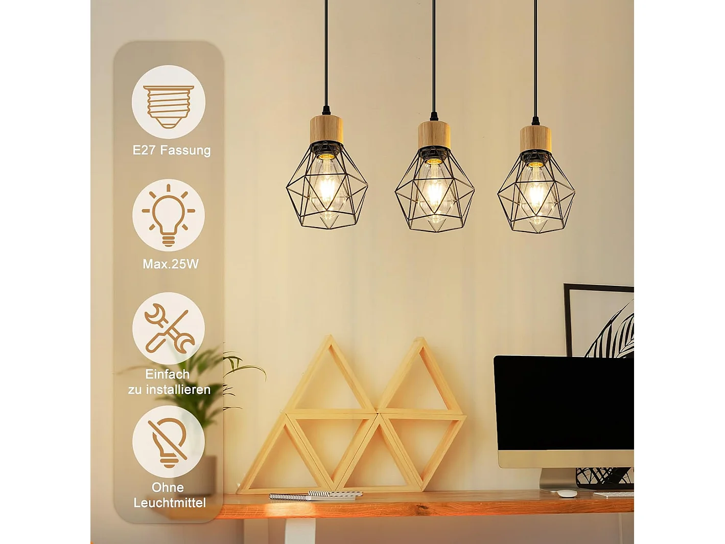 Lampa wisząca Nettlife w stylu vintage nad stół jadalny – lampa jadalniana retro z trzema żarówkami E27, czarny metalowy klosz (żarówki nie są dołączone)