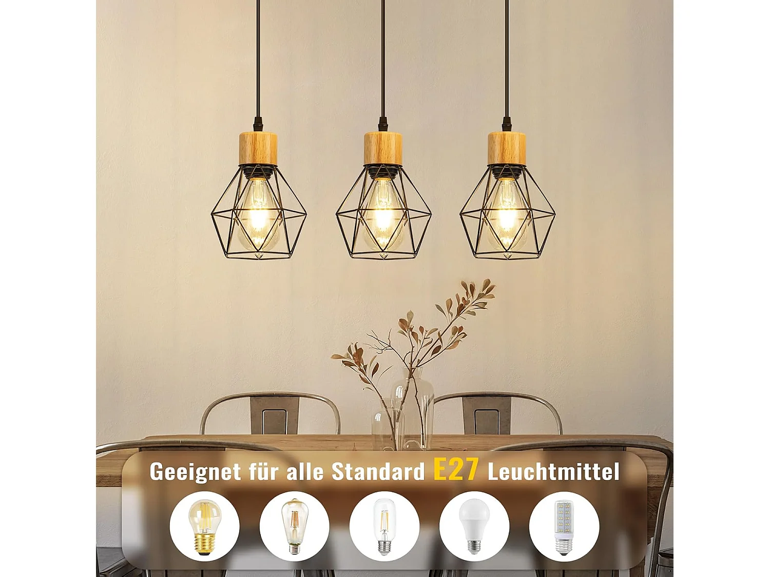 Lampa wisząca Nettlife w stylu vintage nad stół jadalny – lampa jadalniana retro z trzema żarówkami E27, czarny metalowy klosz (żarówki nie są dołączone)