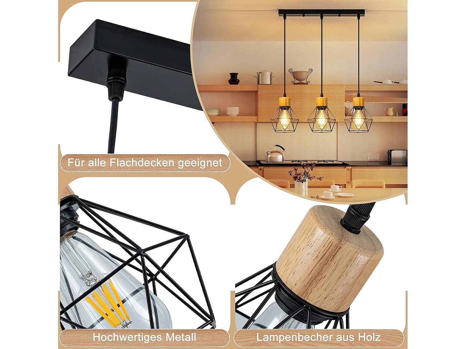 Lampa wisząca Nettlife w stylu vintage nad stół jadalny – lampa jadalniana retro z trzema żarówkami E27, czarny metalowy klosz (żarówki nie są dołączone)